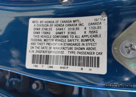 2015 Honda Civic Lx z USA, uszkodzony, nr VIN 2HGFB2F50FH509952